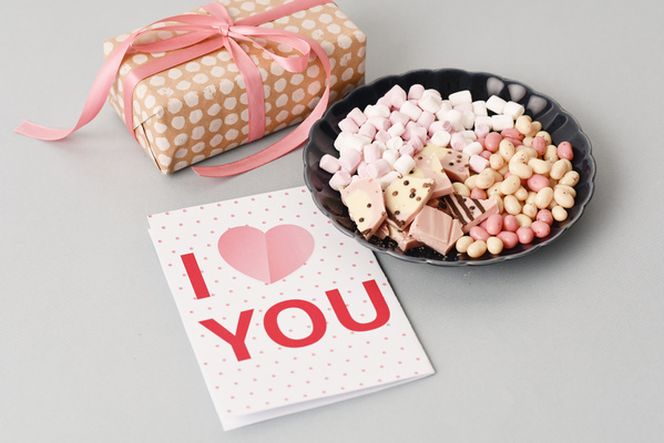 Snacks on Plate and Gift with Card for Valentine's Day